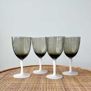 Vintage Etched Smoky Milk Glass Wine Glasses Set of 4 Japan